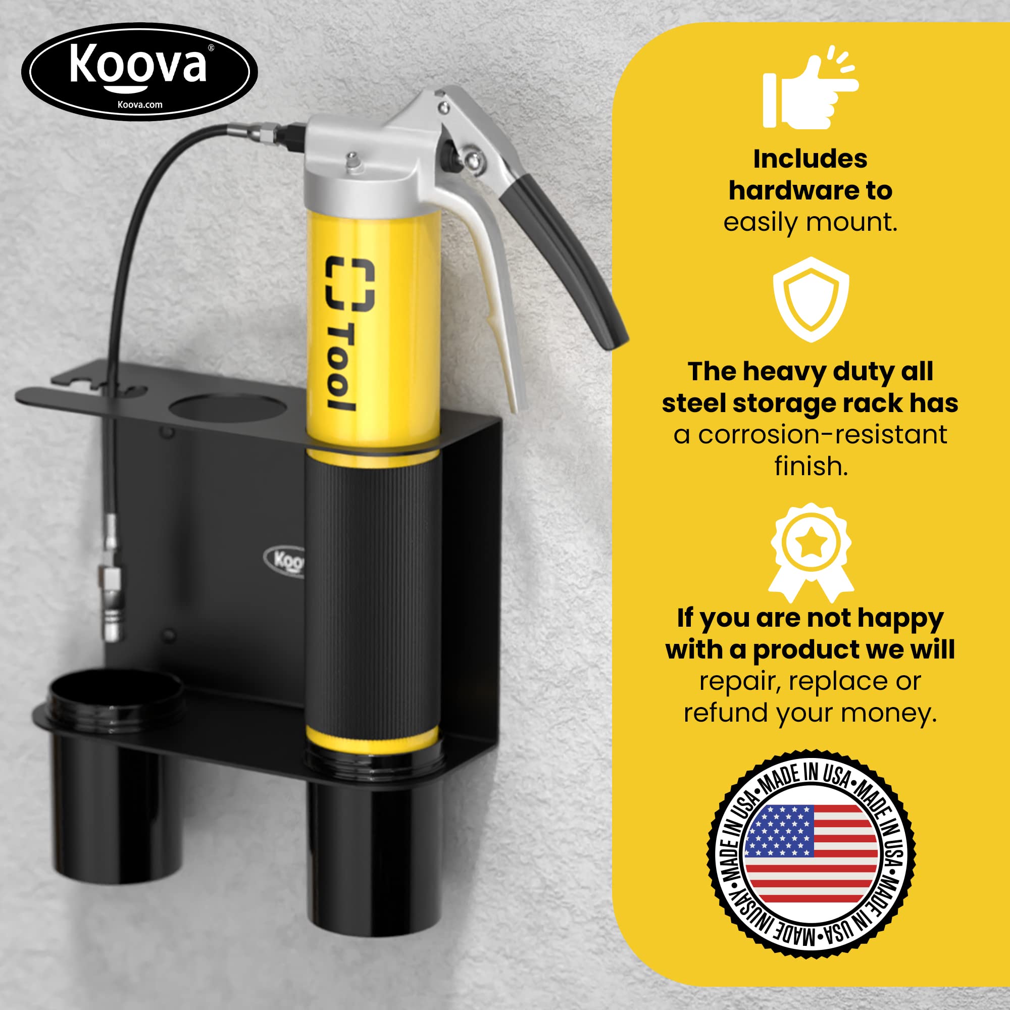 Koova Grease Gun Holder | Tractor Grease Gun Garage Organizer Wall Mount | Includes Removable Drip Cups & Spare Cartridge Holder | Truck & Tractor Accessories | Shop/Garage Wall Organizer | Usa Made